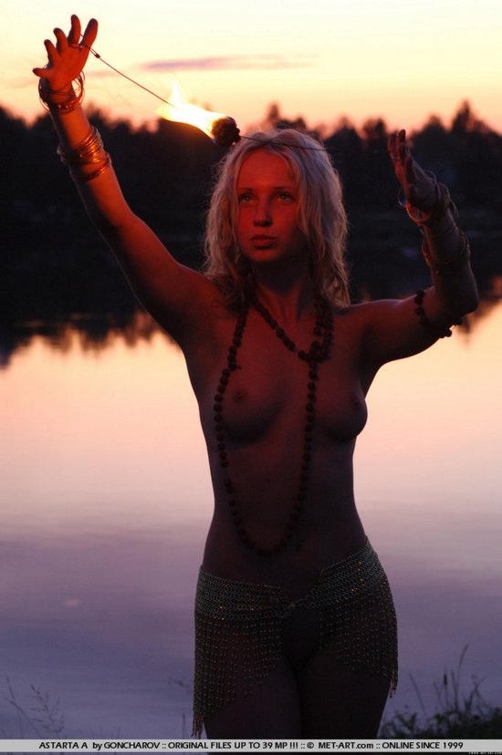 Naked blonde with fire