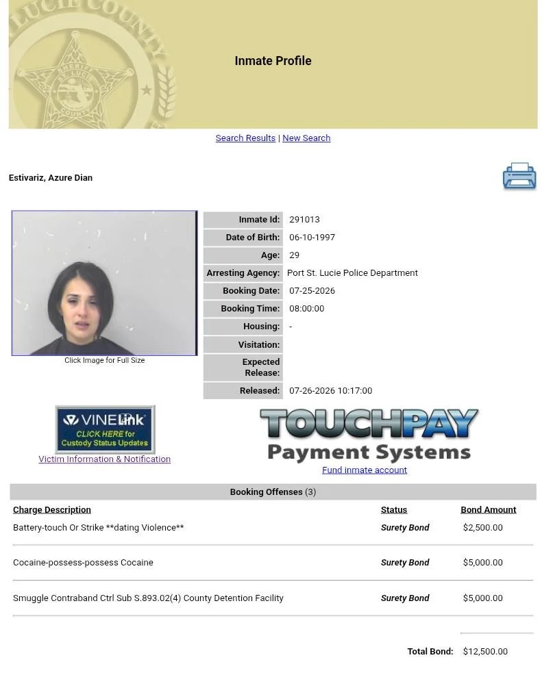 Inmate profile of a woman with a mugshot, personal information and charges.