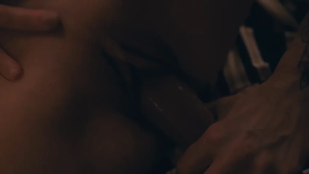 Close-up of an erect penis near a vagina with hands visible in a dimly lit scene.