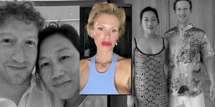 Composite image showing three photos side by side: a black-and-white close-up of Mark Zuckerberg and Priscilla Chan, a color photo of a blonde woman in a blue top, and a black-and-white photo of Priscilla Chan and Mark Zuckerberg standing together.