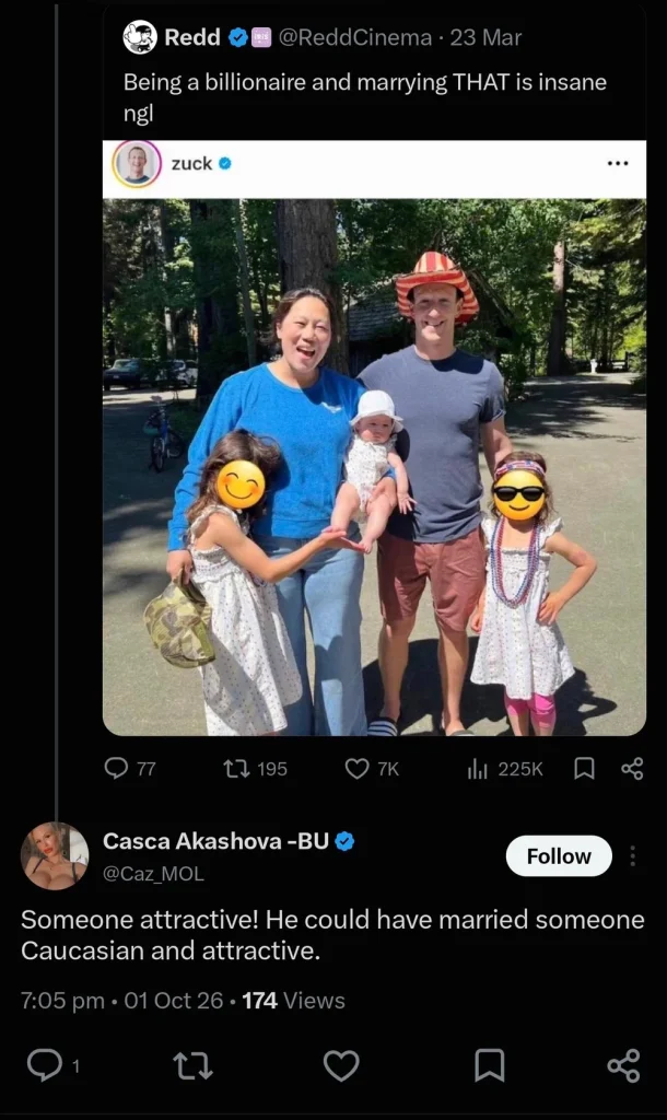 Screenshot of an X post showing a family photo of Mark Zuckerberg, Priscilla Chan, and their three children outdoors, with a reply from @Caz_MOL commenting on the photo.