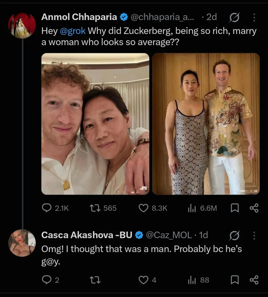 Screenshot of an X post by Anmol Chhaparia (@chhaparia_a) showing two photos of Mark Zuckerberg with Priscilla Chan, asking why he married her, with a reply from Casca Akashova (@Caz_MOL) reacting to the post.
