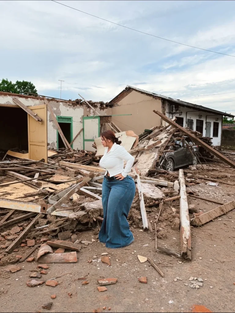 Woman with reddish-brown hair standing among scattered debris and collapsed structures, wearing a tight white long-sleeve top and blue wide-leg jeans, one hand on her hip, looking to the side; damaged buildings and a partially buried vehicle in the background.