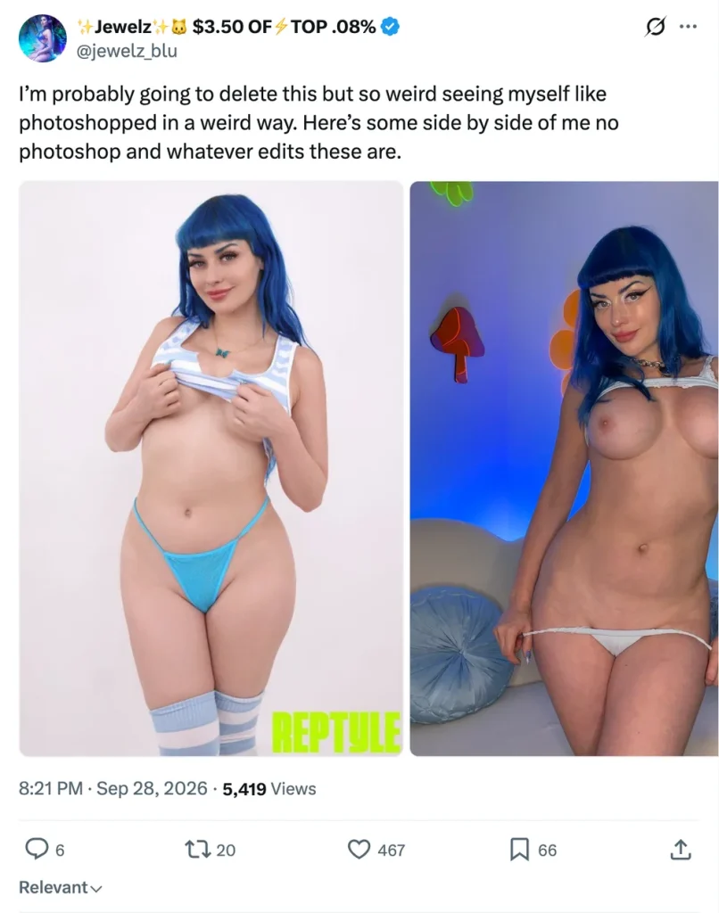 Screenshot of an X post by @jewelz_blu showing a side-by-side comparison: left image of a woman with blue hair in a light blue striped top pulled up and blue thong against a plain background; right image of the same woman topless in white panties against a blue-lit room with neon decorations. Caption discusses Photoshop edits.
