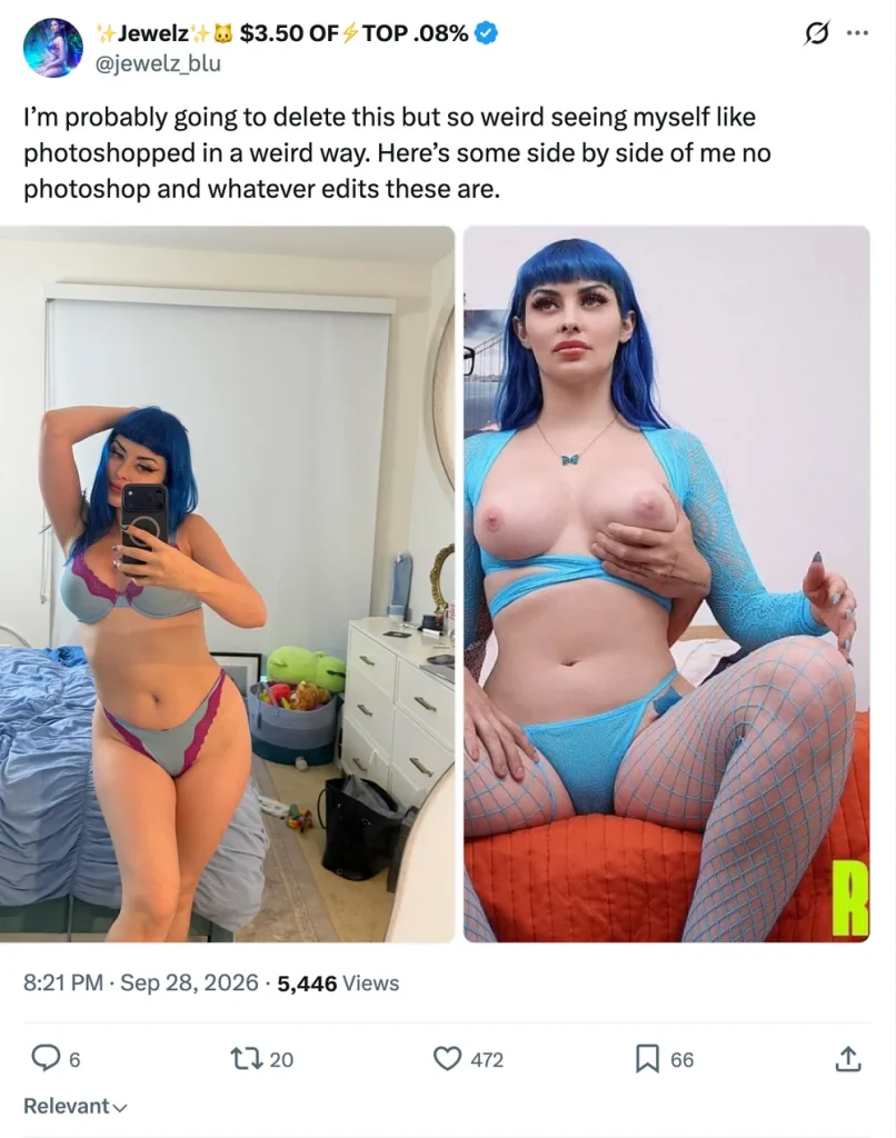 Screenshot of an X post by @jewelz_blu showing a side-by-side comparison: left image of a woman with blue hair taking a mirror selfie in a blue bra and panties with pink lace trim in a bedroom; right image of the same woman in a blue mesh outfit and fishnet stockings, hand covering one breast. Caption discusses Photoshop edits.