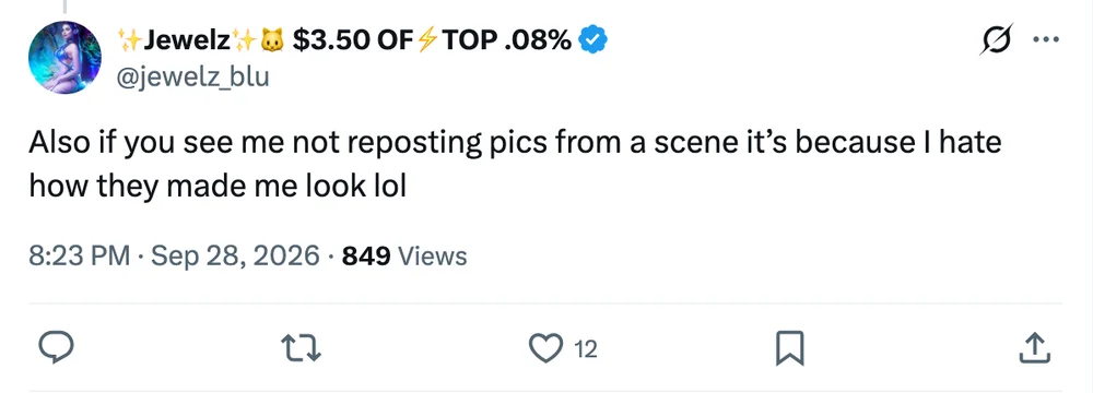 Screenshot of an X post by @jewelz_blu with text stating she avoids reposting certain scene photos because of how they make her look, posted September 28, 2026.