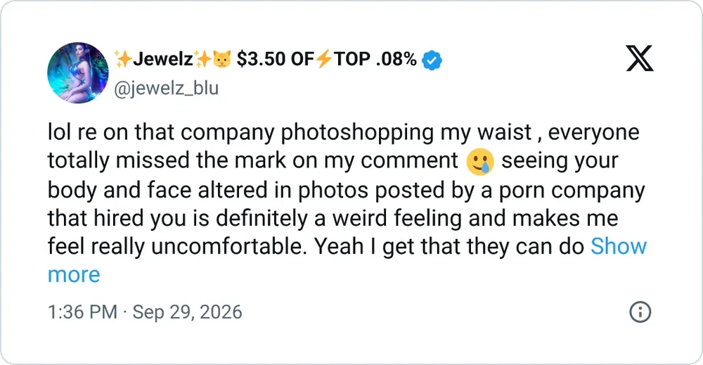 Screenshot of an X post by @jewelz_blu discussing discomfort with a company photoshopping her waist and body in photos, posted September 29, 2026.