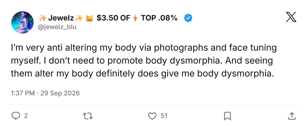 Screenshot of an X post by @jewelz_blu stating she is against altering her body in photographs and that seeing such edits causes her body dysmorphia, posted September 29, 2026.
